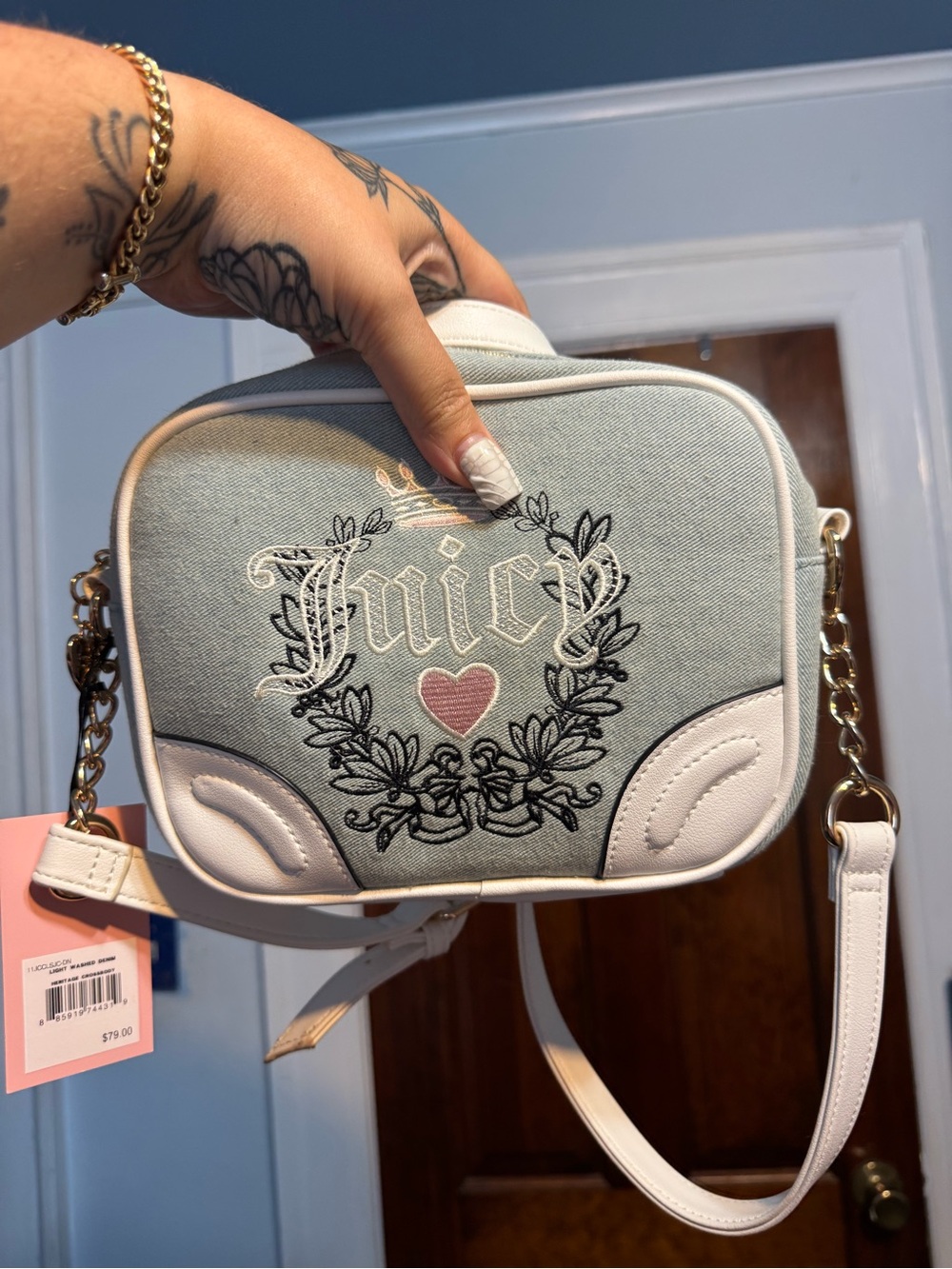 Juicy Couture Light Blue Denim Crossbody Bag with Heart Embroidery
